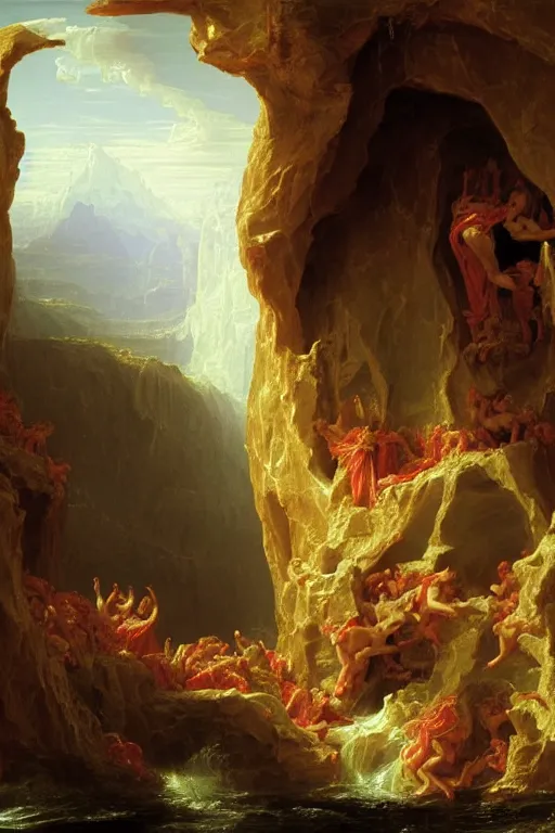 Prompt: the great door of hell, intrincate details, flesh and blood, painted by thomas cole