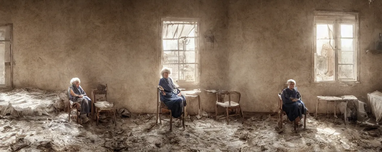 Image similar to a white dirty room, with broken wooden windows, an old woman is sitting on a chair in the middle, golden hour, dust is visible, masterpiece 4k, intricate details, realistic, panoramic view, Hyperdetailed, 8k resolution, photorealistic