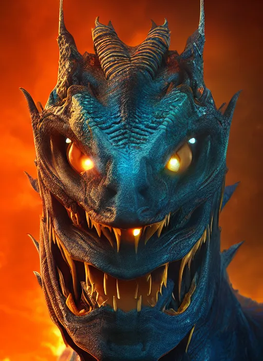 Prompt: portrait, legendary dragon head, two eyes, spying blue fire, sharp teeth, Dynamic lighting, cinematic, establishing shot, extremely high detail, photo realistic, cinematic lighting, , post processed denoised, concept design, concept art, artstation, matte painting, midjourney, style by alex ross, neal adam