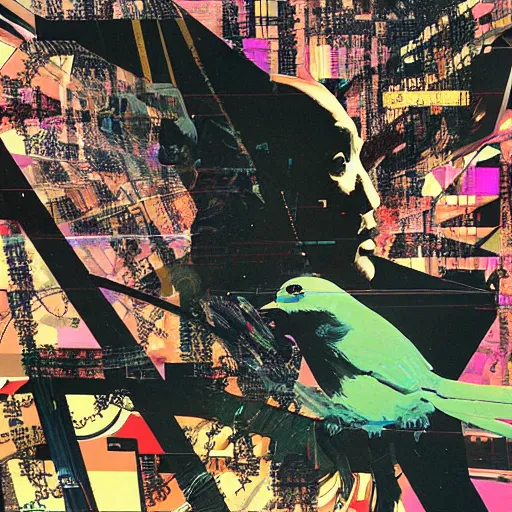 Image similar to a daydreaming hacker under progressive rasterization is surrounded by digital birds, neon virtual networks, and information visualization, oil on canvas by dave mckean and yoji shinkawa