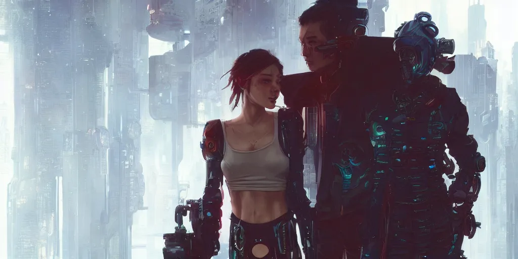 Image similar to cyberpunk human male and female character designs , kim jing gi, Greg Rutkowski, Darek Zabrocki, Karlkka, Jayison Devadas, Phuoc Quan, trending on Artstation, 8K, ultra wide angle, pincushion lens effect