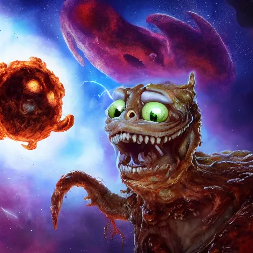 Image similar to one eldritch horror bloody garfield in space, galaxy, hd, 8 k, explosions, giant, epic, realistic photo, unreal engine, stars, prophecy, powerful, cinematic lighting, destroyed planet, debris, violent, sinister, ray tracing, dynamic, print, epic composition, dark, horrific, teeth