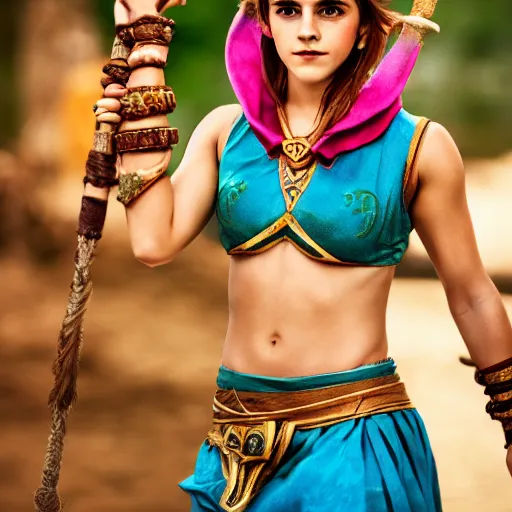 Image similar to Emma Watson modeling as Urbosa from Zelda, (EOS 5DS R, ISO100, f/8, 1/125, 84mm, postprocessed, crisp face, facial features)