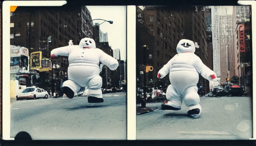 Image similar to the stay - puft marshmallow man breakdancing in harlem, new york, grainy, grungy, polaroid photograph, vintage, scanned