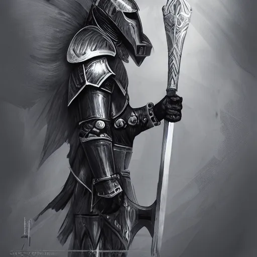 Image similar to A knight without a helmet, elegant etched black armor with white accents, standing astride a castle gate, artstation, in the style of Lucia Hsiang, clean