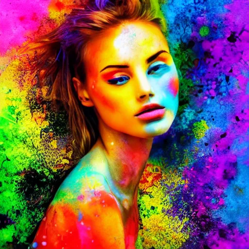 Prompt: beautiful woman in the centre surrounded by splash of colors, hyper-realistic