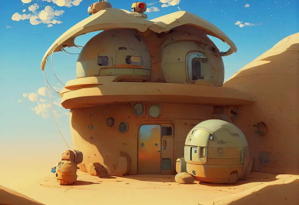 Prompt: a small futuristic chubby house in the desert, intricate oil painting, high detail illustration, sharp high detail, manga and anime 1 9 9 9, official fanart behance hd artstation by jesper ejsing and makoto shinkai, 4 k,