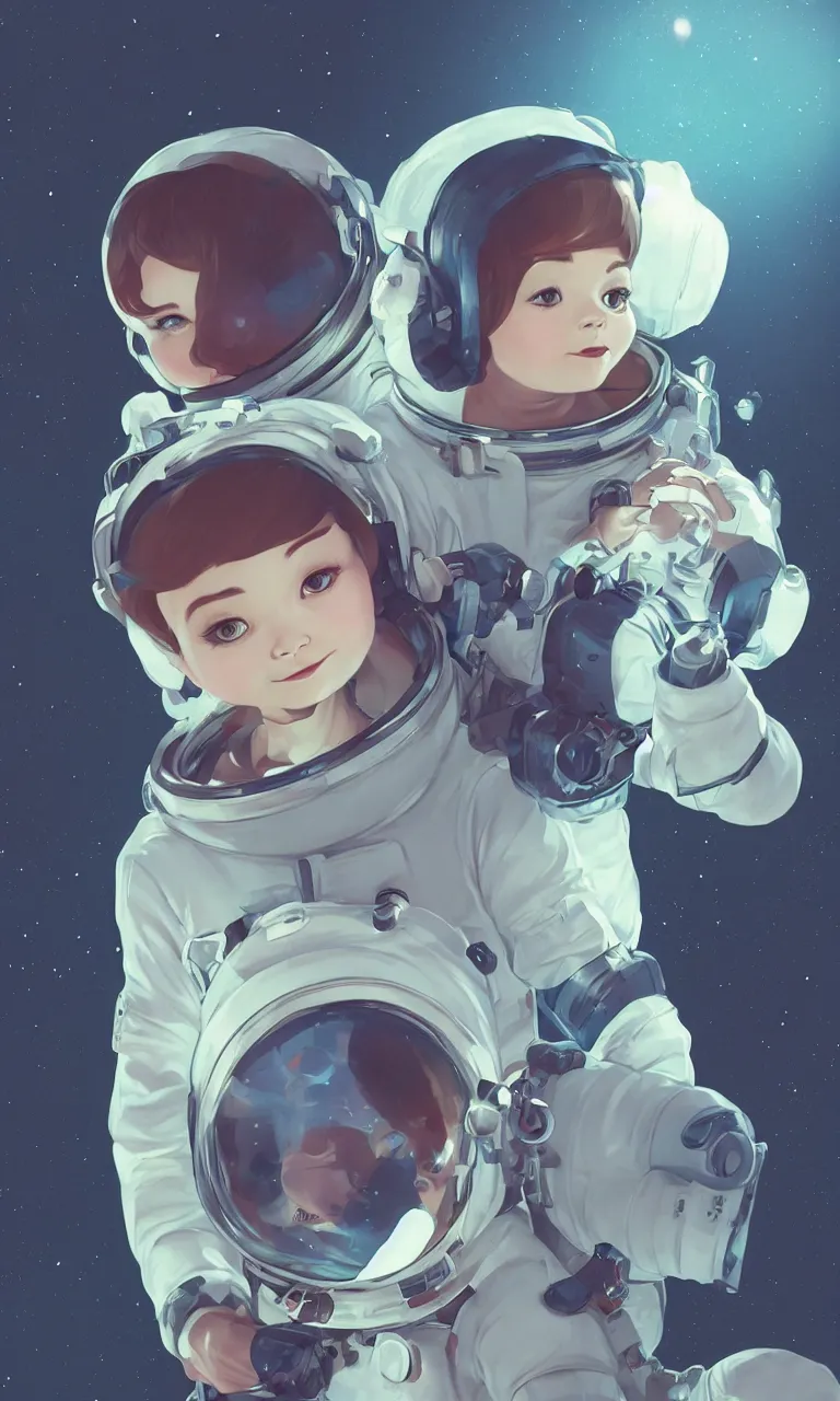 Image similar to cute pixie bjork taking charge in an astronaut suit, a look of wonder on her face, ambient lighting, 4 k, lois van baarle, ilya kuvshinov, rossdraws, alphonse mucha, jung gi kim, artstation