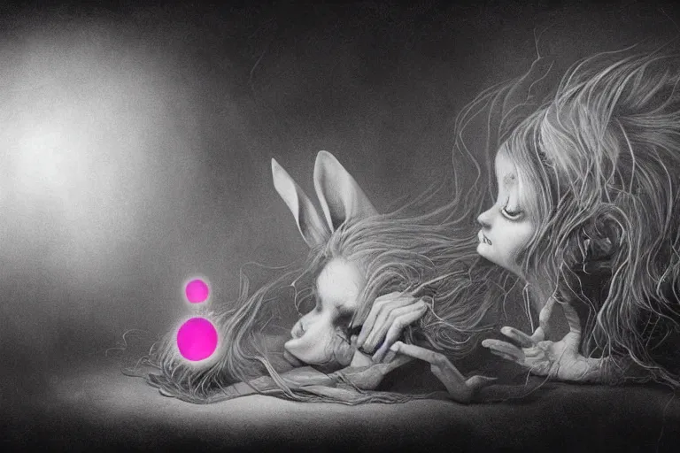 Prompt: Keeping you sane, And you fade away just enough, You felt the edge again, You took two pills And you fell asleep, Hugging six rabbits And having pink nightmares, concept art, trade on artstation, sharp focus, psychedelic, by Yoshitaka Amano, Mark Ryden, Zdzisław Beksiński, Gloom, Extremely high detail, realistic, fantasy art, masterpiece, Hyperrealism. Subsurface scattering. Octane Render. Weirdcore