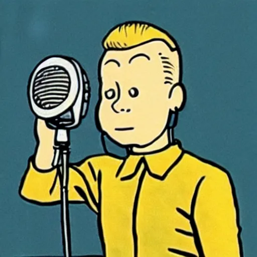 Image similar to tintin with headphones and big microphone on arm, in the style of moebius