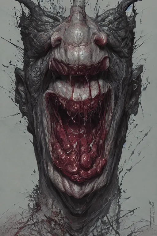 Image similar to Portrait of distorted, laughing, grotesque Joker, chaos god, dc comics, dark, intricate, smooth, artstation, painted by Wayne Barlowe, Greg Rutkowski, Zdislav Beksinski