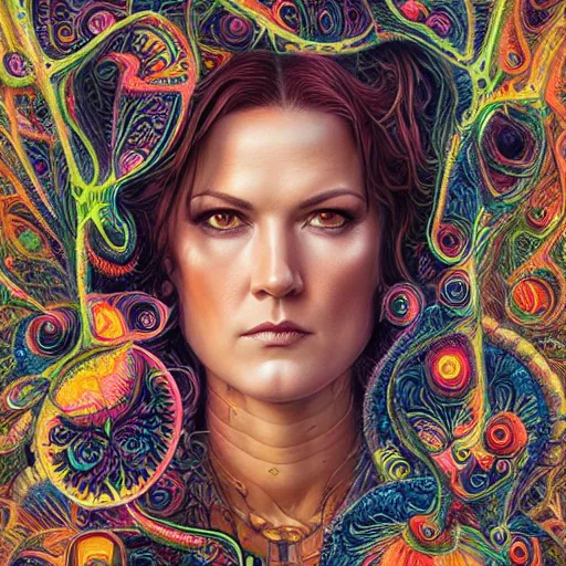 Image similar to portrait of danneel ackles, hyper detailed masterpiece, neon floral pattern, jean giraud, digital art painting, darkwave goth aesthetic, psychedelic, artgerm, donato giancola and tom bagshaw