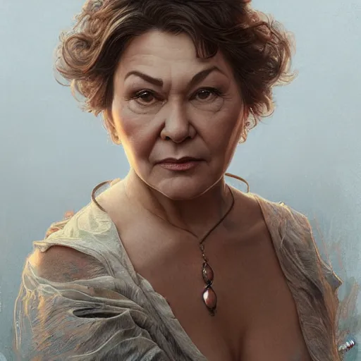 Image similar to ultra realistic illustration, roseanne barr, intricate, elegant, highly detailed, digital painting, artstation, concept art, smooth, sharp focus, illustration, art by artgerm and greg rutkowski and alphonse mucha