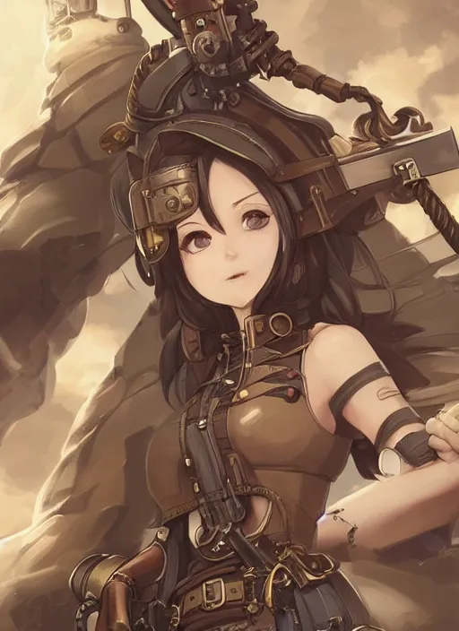 Prompt: girl with steampunk weapons and uniform, serious, finely detailed, made by artgerm, ross tran, full body portrait, illustration, grass, sunny, sky, anime, side view, perfect anime face, detailed face, zoomed out, smooth,