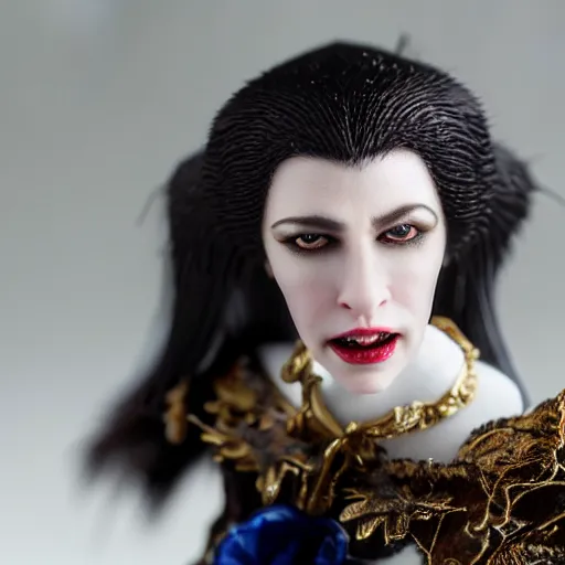 Image similar to photo taken of an epic intricate, ultra detailed, super realistic stop motion puppet of a majestic gracious regal aristocratic brunette female vampire created by weta workshop, menacing, some zoomed in shots, photorealistic, sharp focus, white wall, extremely cold blueish colour temperature, 3 5 mm, f 1. 4, golden ratio