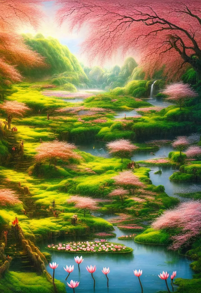 Image similar to a real photographic landscape painting with incomparable reality, wide angle, in forest, flowers, peach tree in full bloom, waterlily pond, bright style, harry potter, clearing,, john howe, magnificent, artstation