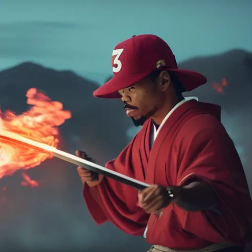 Image similar to cinematic film still of Chance The Rapper starring as a Samurai holding fire, Japanese CGI, VFX, 2022, 40mm lens, shallow depth of field, film photography