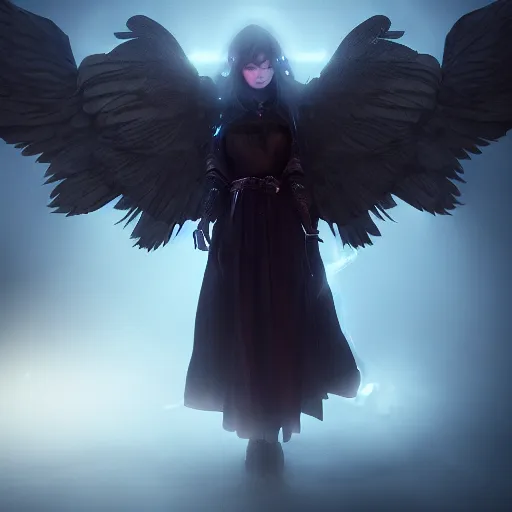Prompt: beautiful young dark mage with black angelic wings casting a powerful spell, cinematic lighting, dramatic atmosphere, 4k resolution, trending on artstation
