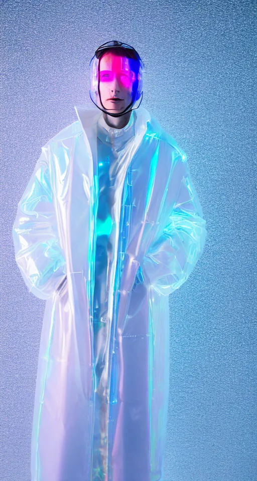 Image similar to an ultra high definition professional studio quality photograph of an artificially intelligent cyberpunk art influencer wearing a transparent iridescent pastel coloured face visor and matching bubbly puffy raincoat on white coat hook in a sheer icelandic black rock environment. three point light. dramatic lighting. volumetric shadows. light rays