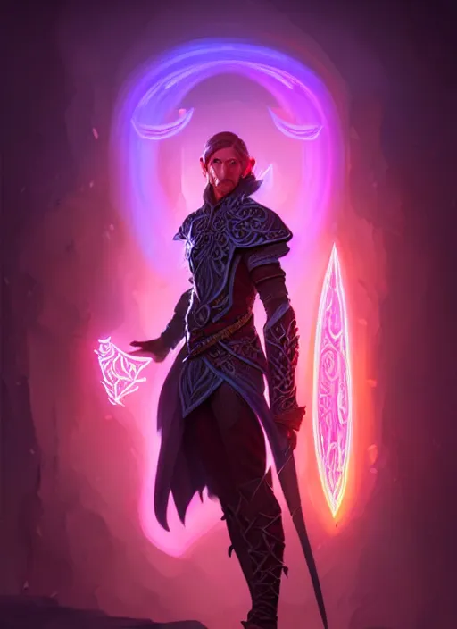 Image similar to meditative male elf rogue, dnd fantasy character portrait, glowing neon skin, magical aura, ultra realistic, intricate, elegant, highly detailed, digital painting, artstation, smooth, sharp, focus, illustration, art by artgerm and greg rutkowski and alphonse mucha