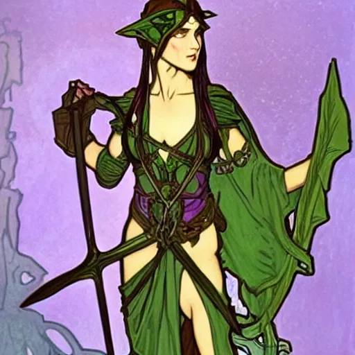 Image similar to short wood elf, purple hair, holding a long bow, green leaf cloak, leather armor, metal gauntlets, green eyes. in the style of alphonse mucha and john howe. fantasy. detailed.