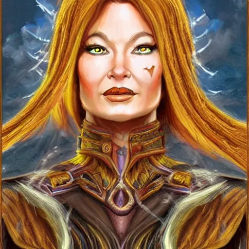 Image similar to Character portrait, face close up: Half Elf Female Celestial Warlock. Tori Amos avenging angel. In the style of Ralph Horsley