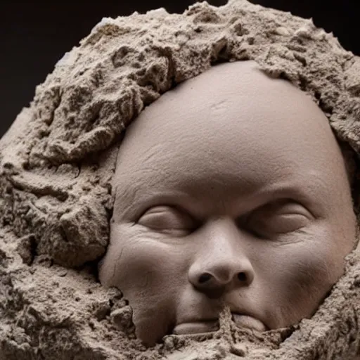 Prompt: a pile of extremely wet and barely moldable clay has been squished into the form of a human face, the artist is squishing his work in his hands, and the clay is looking hilarious like a face being squished
