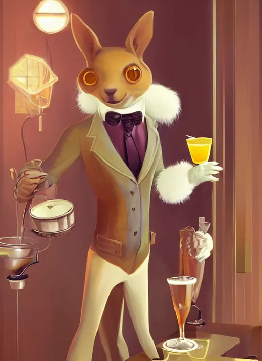 Image similar to squirrel anthro as a dapper bartender with a big, fluffy tail, retro futurism, art deco, detailed, painterly digital art by WLOP and Cory Loftis, 🐿🍸🍋, furaffinity, trending on artstation