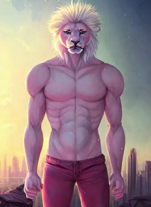 Image similar to aesthetic portrait commission of a of a male fully furry muscular anthro albino lion with a tail and a beautiful attractive hyperdetailed face wearing stylish and creative wearing pink and mint male crop top outfit in a sci-fi dystopian city at golden hour while it storms in the background. Character design by charlie bowater, ross tran, artgerm, and makoto shinkai, detailed, inked, western comic book art, 2021 award winning film poster painting
