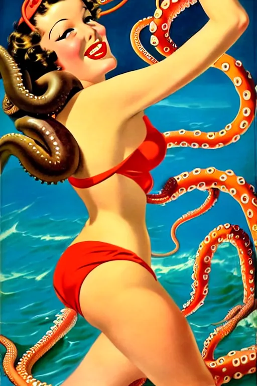 Image similar to 1940s pinup bikini girl with tentacles wrapped around her by a giant octopus, oil painting, by Gil Elvgren