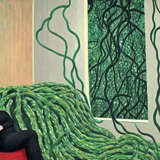 Image similar to painting of an artist in her apartment, wrapped in vines, black walls, puddles, moss, stone, acrylic on canvas, by magritte and monet