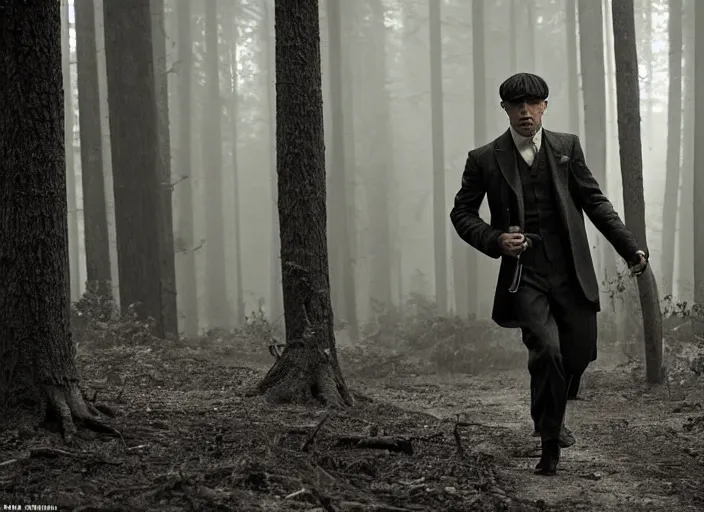 Prompt: a scene from peaky blinders, medium shot, brad pitt in a dramatic action scene in the woods, sharp eyes, serious expressions, detailed and symmetric faces, black and white, epic photo by talented photographer ansel adams,