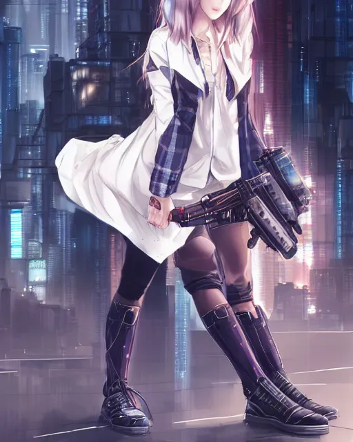 Image similar to The successful warrior is the average man, with laser-like focus, artwork by artgerm, anime, cyberpunk streets in Japan, holding a glock, elegant, seductive, long white hair, knee high socks, extra short blue plaid skirt, white blouse, full shot, wide-shot, long-shot, fantasy, mystical, magical