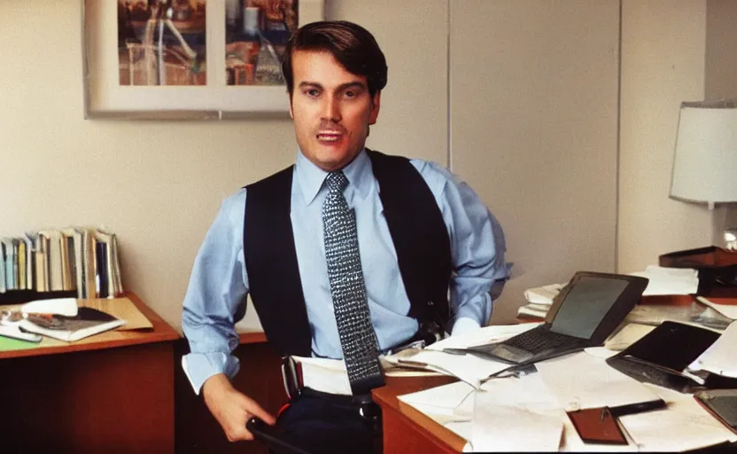 Image similar to color photo of a wall street banker wearing suspenders in his office. 8 0's style