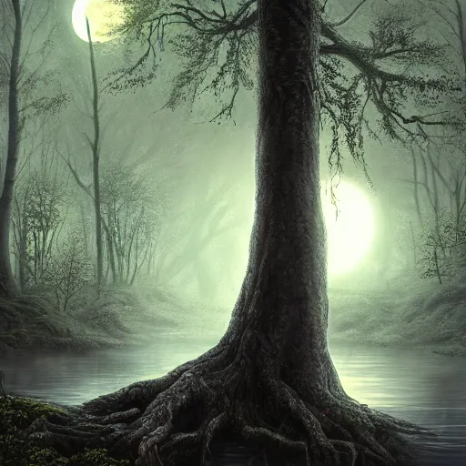 Image similar to highly realistic scenic painting of a towering misty dark fantasy forest surrounding a pond, a rusalka sits on the roots of an ancient tree looking up at the moon, spooky fog, looming trees, scary forest, midnight, dark, fantasy painting hd