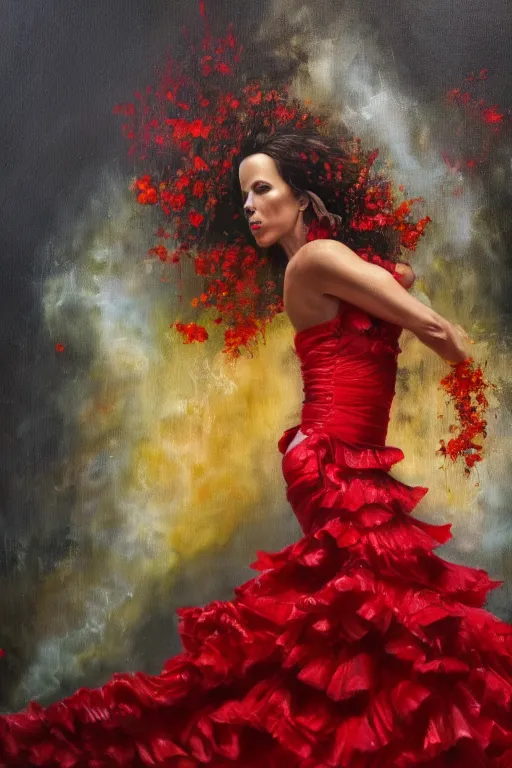 Prompt: detailed oil painting of kate beckinsale as spanish flamenco dancer wearing a red dress made of flowers, engulfed in flames, she's standing waist deep in water, dimly lit, looking away, dark shadows, ethereal, foggy, moody, surreal, high definition, 4 k, slr