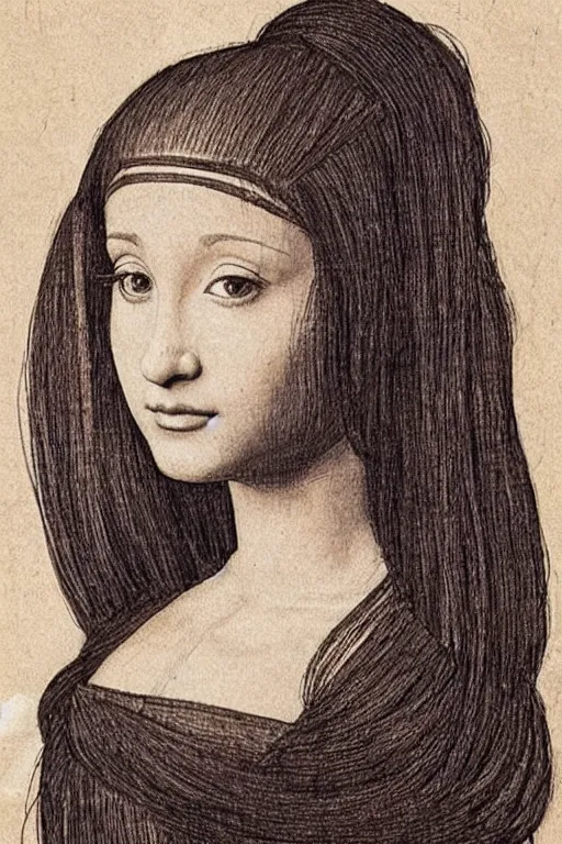 Image similar to a portrait of ariana grande in the style of leonardo da vinci drawing,, single head, no double head,