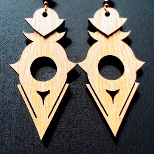 Image similar to 2 d wood lasercut earrings, mystical symbols, 8 k, hd, trending on amazon on artstation, trending on deviantart, trending on etsy, epic digital art