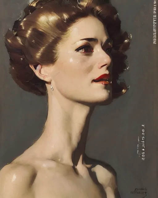 Image similar to head portrait of elegant striking mature space woman, empress, by norman rockwell, roberto ferri, daniel gerhartz, edd cartier, jack kirby, howard v brown, ruan jia, tom lovell, frank r paul, dean cornwell, astounding stories, amazing, fantasy, other worlds