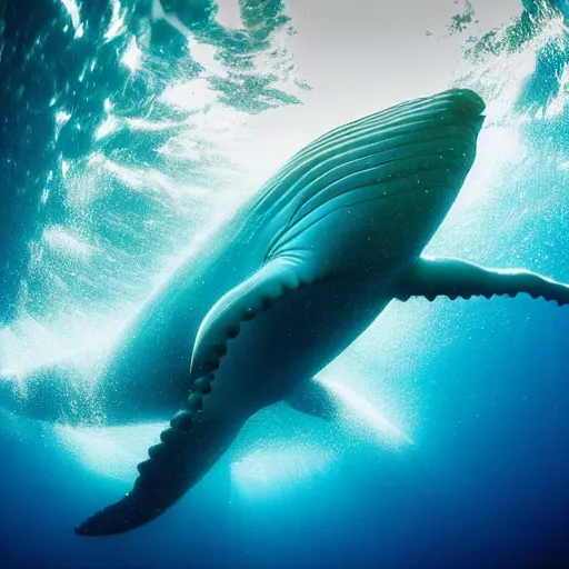 Prompt: underwater ocean, 1 2 whales, pod, family, swimming to surface, calm, photograph, realistic, peaceful, light rays, beautiful, majestic, dapple, camera angle from below, distance,