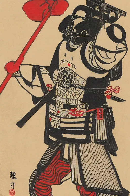 Prompt: Japanese woodblock print of a Stormtrooper holding nunchucks holding a samurai sword , cherry blossom, Hokusai