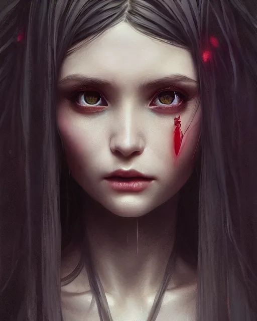 Image similar to highly detailed vfx portrait of a beautiful vampire girl, wonderful eyes, three - dimensional rendering, unreal engine, alexey gurylev, greg rutkowski, loish, rads, beeple, makoto shinkai and lois van baerle, rossdraws, tom bagshaw, alphonse mucha, global lighting, detailed and complex environment