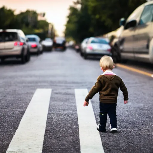 Prompt: photo of a toddler walking in the middle of traffic