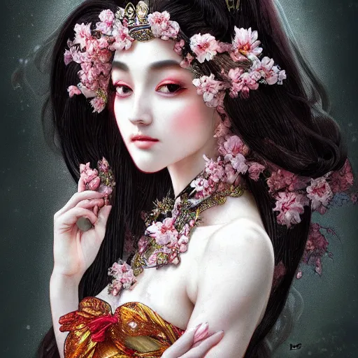 Prompt: a photograpic portrait of a anthropomorphic cherry - blossom queen spirit, fantasy, intricate, elegant, highly detailed, digital painting, artstation, concept art, smooth, sharp focus, illustration, art by artgerm and h r giger and alphonse mucha