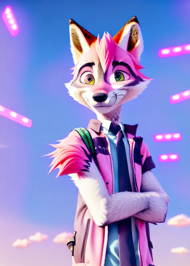 Prompt: portrait of a cute male anime wolf with pink hair and pink wolf ears and freckles stylish clothes in a city in the style of zootopia, volumetric lighting, subsurface scattering, photorealistic, octane render, random artists