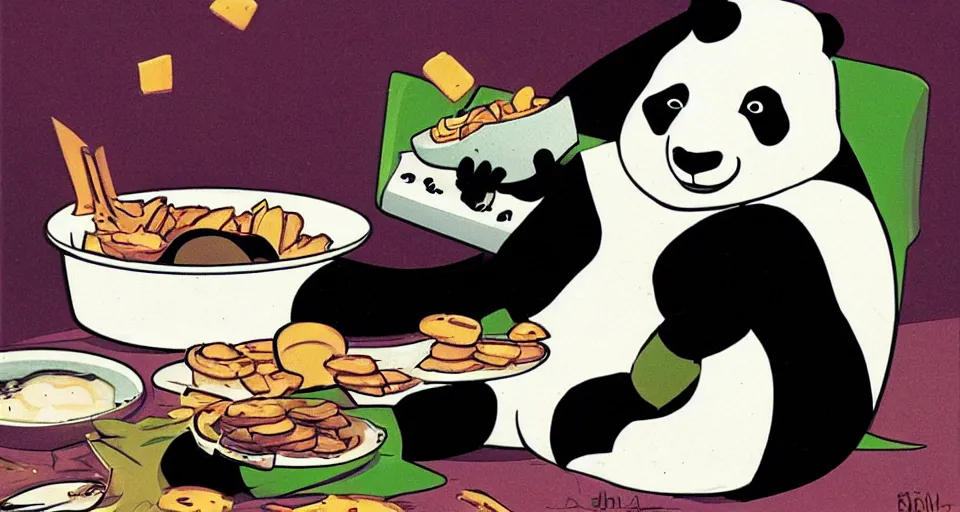 Image similar to a comic book illustration of a panda eating crackers by Bruce Timm