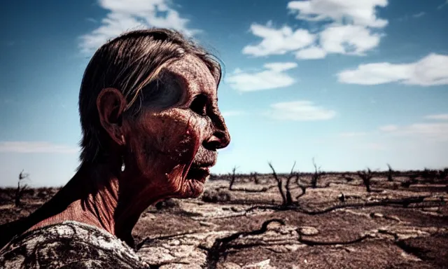 Image similar to medium shot of a crying ancient dried up Danu, peaceful, facing the camera and standing in front of a dried up river in a desolate land, dead trees, blue sky, hot and sunny, highly-detailed, elegant, dramatic lighting, artstation, 4k, cinematic landscape, photograph by Elisabeth Gadd