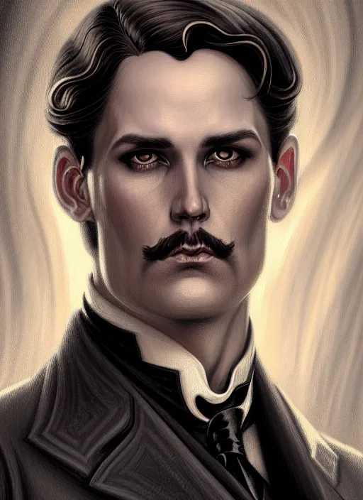 Image similar to an art nouveau, victorian male detective portrait in the style of charlie bowater, and in the style of donato giancola, and in the style of charles dulac. very large, clear, expressive, intelligent eyes. symmetrical, centered, ultrasharp focus, dramatic lighting, photorealistic digital painting, intricate ultra detailed background.