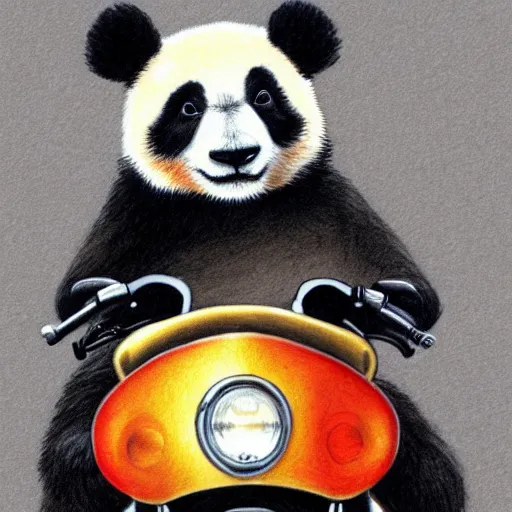Prompt: a panda in a brown leather jacket riding a motorbike, modernism, colored pencil sketch, 8 k, ultra detailed