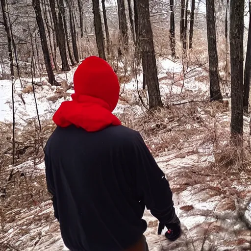 Prompt: thug shaker in red ski mask looking at camera caught on trailcam